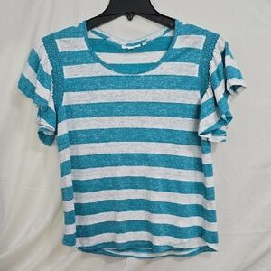 Chico's Womens Size 2 Large Teal & White Metallic Striped Short Sleeve Top